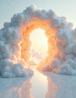 The primary subject of the image is a large, white, cloud-like structure, which appears to be a sculpture or a part of a larger art installation. The setting is a white room, and the visual style is digital art. The dominant colors are white and light shades, creating a serene and calming atmosphere.